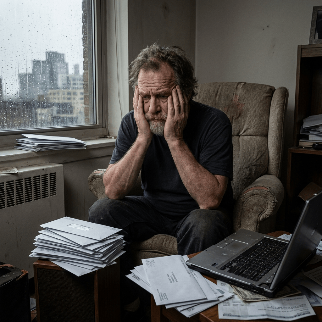 An older man sits distressed with his head in his hands surrounded by stacks of mail.