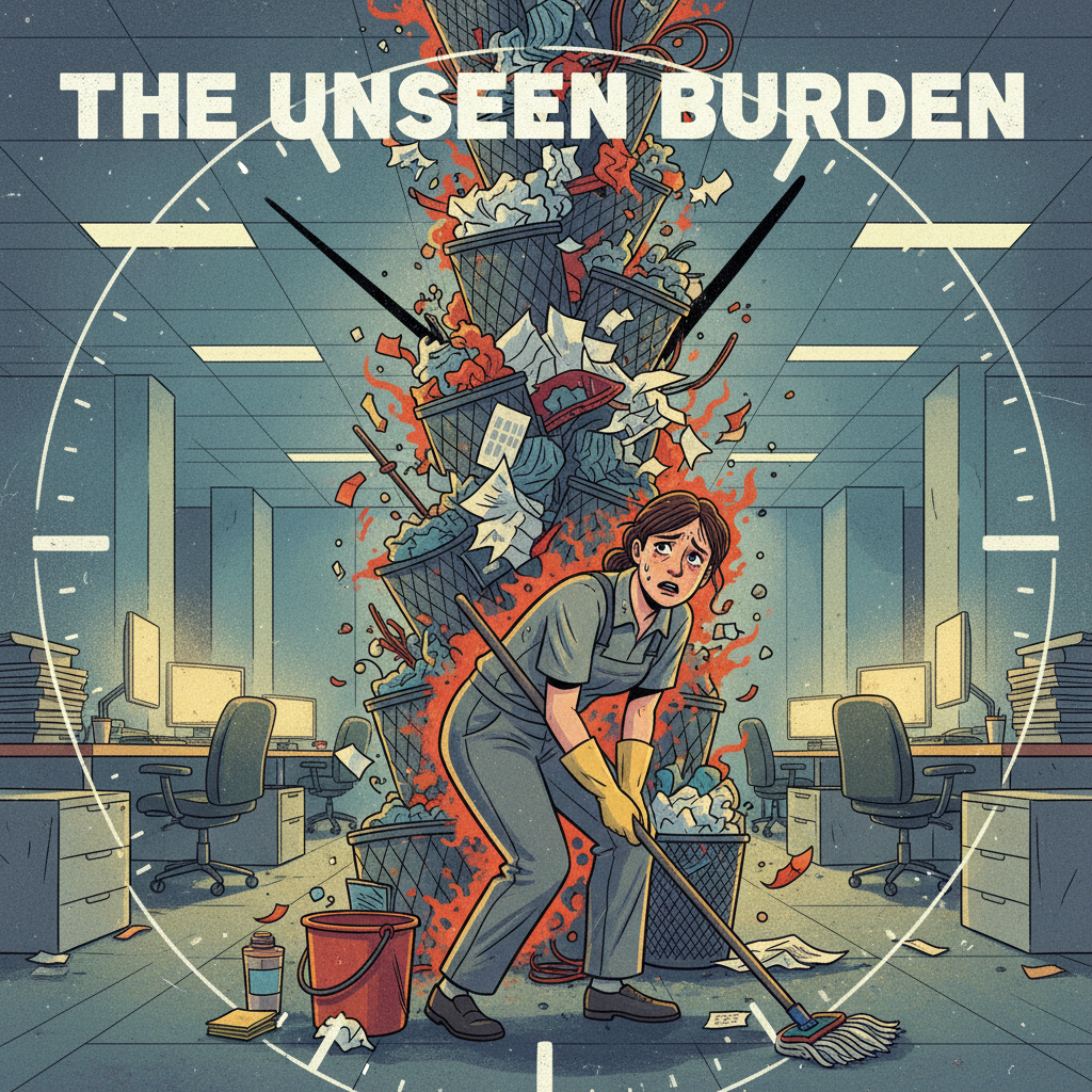 Illustration with text THE UNSEEN BURDEN showing a stressed janitor mopping under a tower of trash.