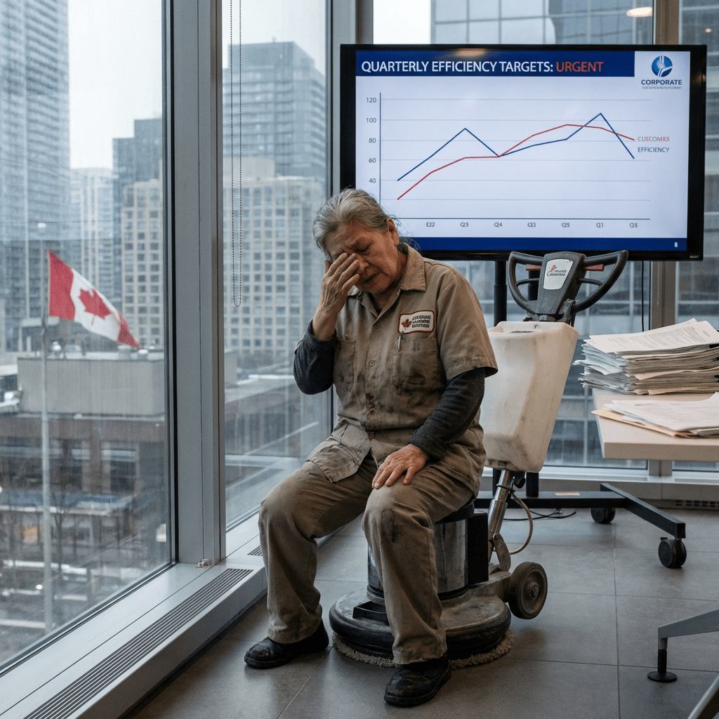 Custodial worker resting before screen showing 'QUARTERLY EFFICIENCY TARGETS: URGENT' and a line graph.
