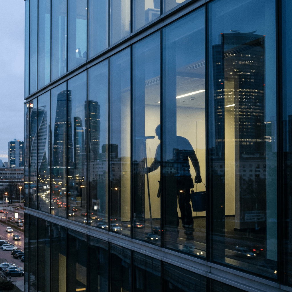 Silhouette of a window cleaner working on a glass skyscraper at dusk with city reflections.