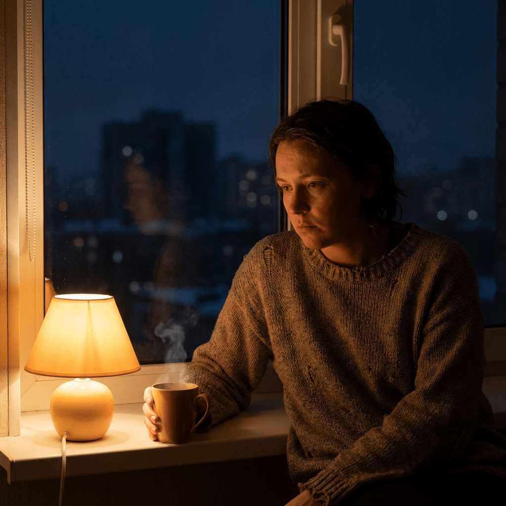 A pensive woman in a sweater holding a steaming mug by a lamp-lit window.