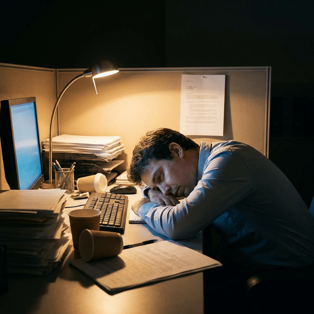 Tired man resting his head on a desk in a dimly lit office cubicle.