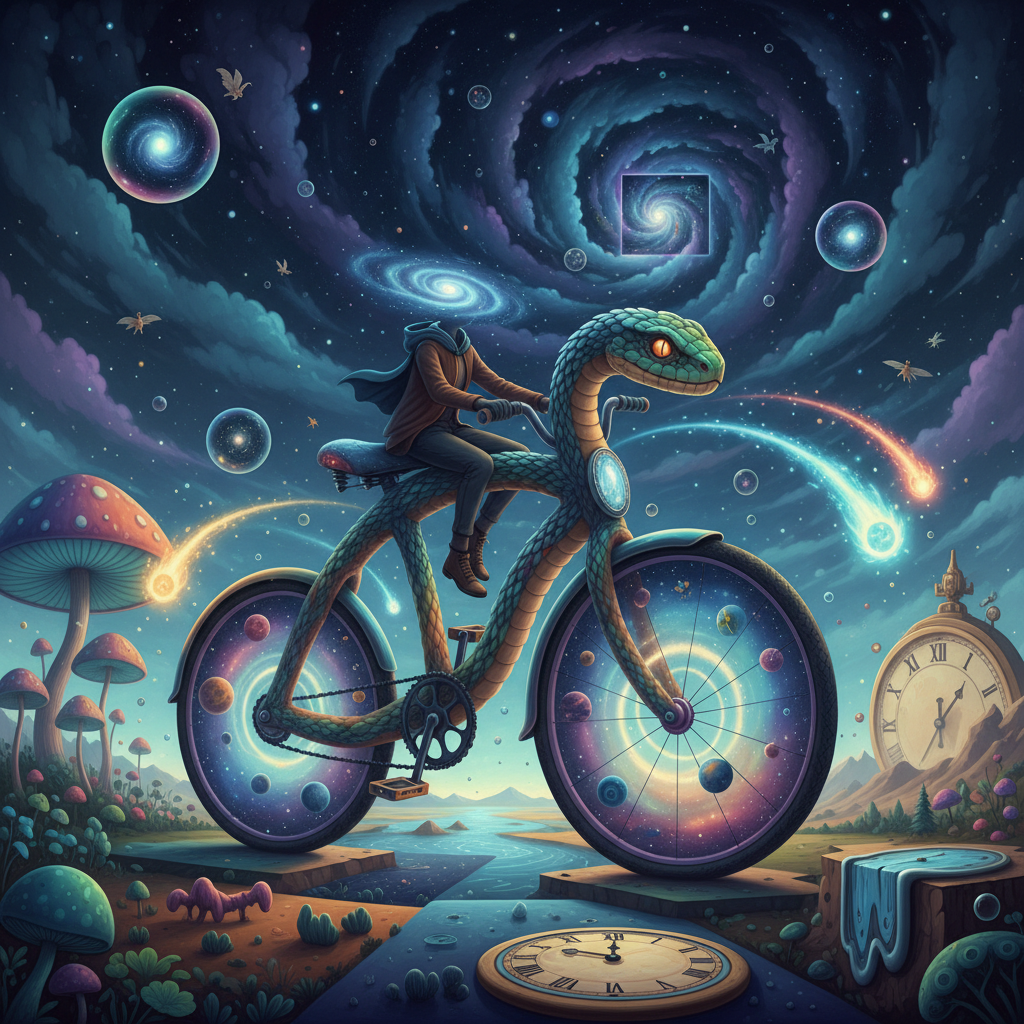 Headless person with galaxy head riding a snake bicycle with cosmic wheels in surreal landscape