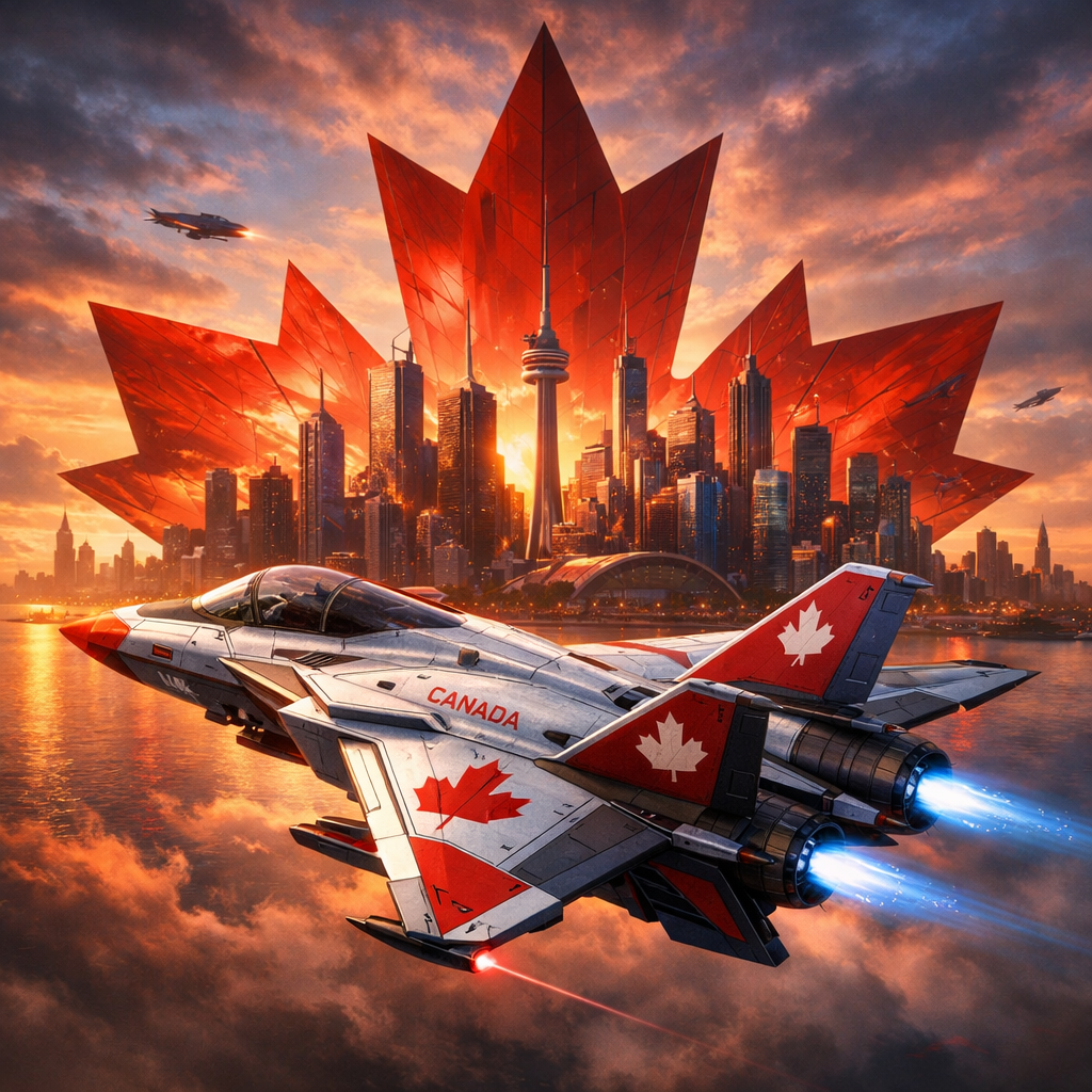 Canadian fighter jet flying over Toronto skyline with maple leaf and sunset