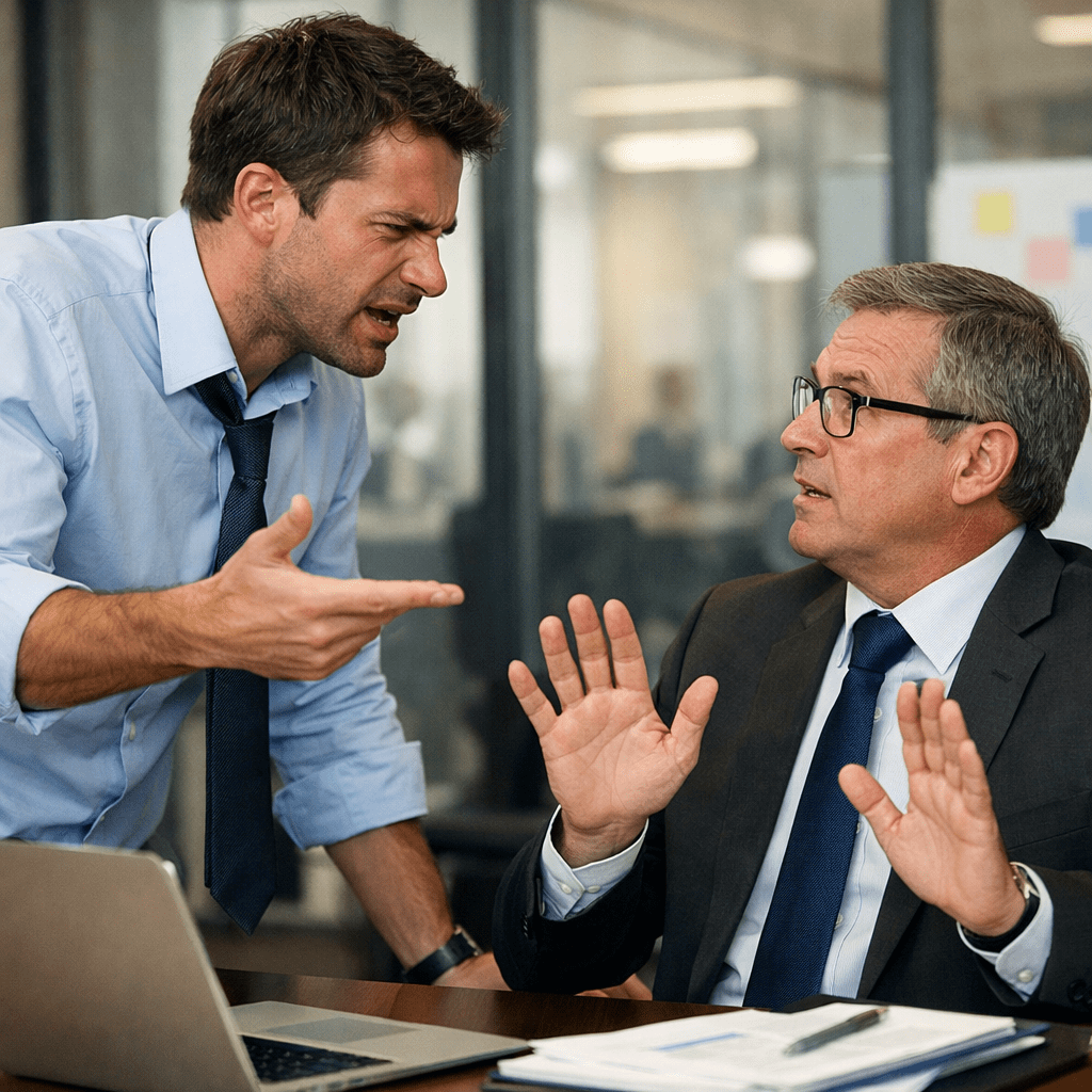 Younger man angrily pointing while older man raises hands defensively in office
