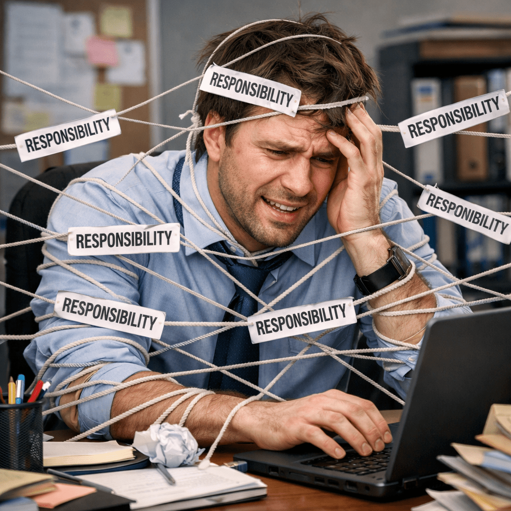 Stressed man entangled in multiple strings labeled responsibility while working on a laptop