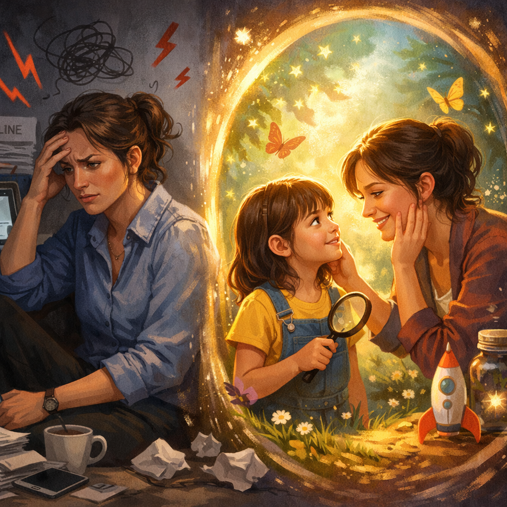 Stressed woman sitting with papers and coffee; magical scene through portal showing mother and daughter smiling in garden with butterflies
