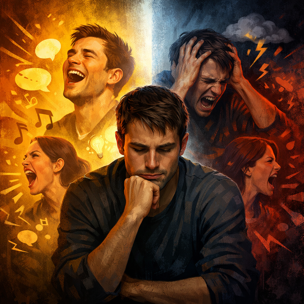 A man looking thoughtful with surrounding images of laughter, anger, and distress.