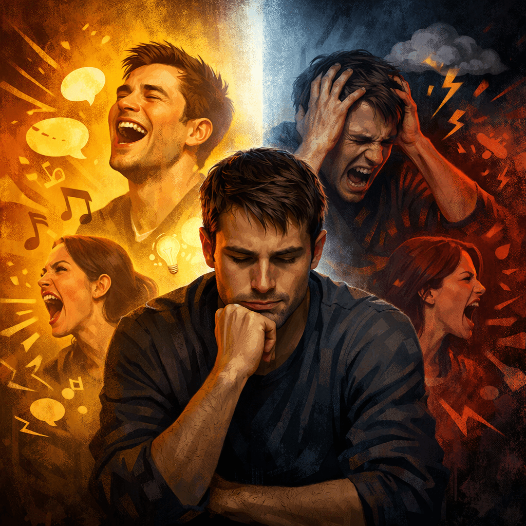 A man looking thoughtful with surrounding images of laughter, anger, and distress.