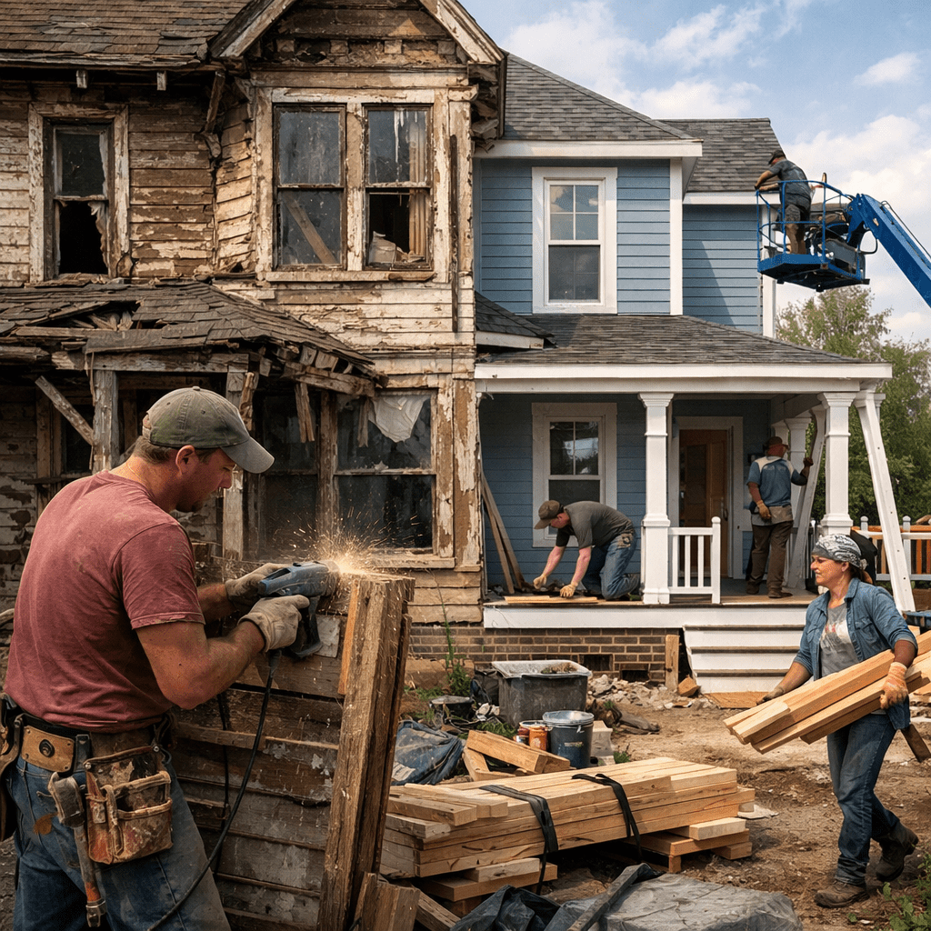 Construction workers renovating a house with old worn side and new blue siding