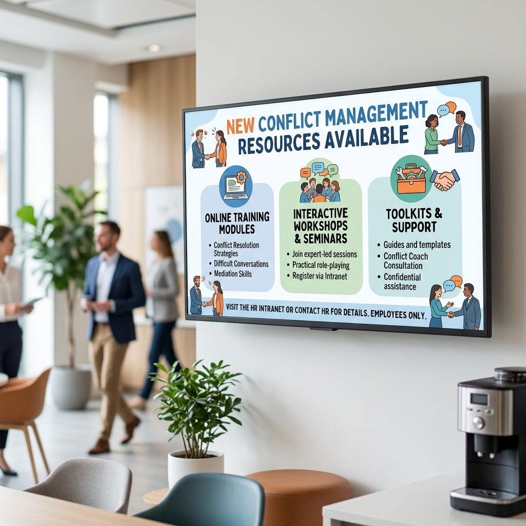Screen showing conflict management resources including online training, workshops, and toolkits