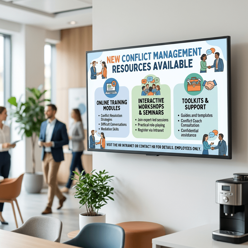 Screen showing conflict management resources including online training, workshops, and toolkits