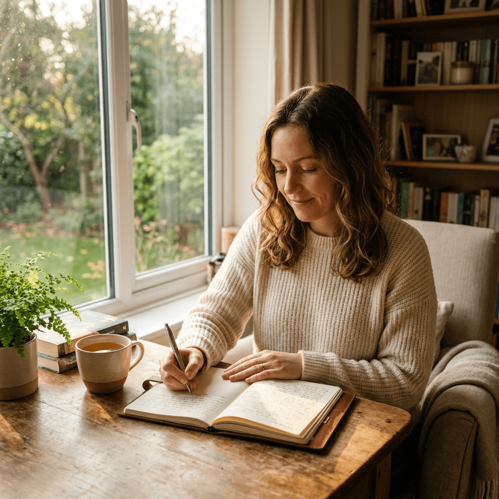 Woman writing in an open journal at a wooden table near a window