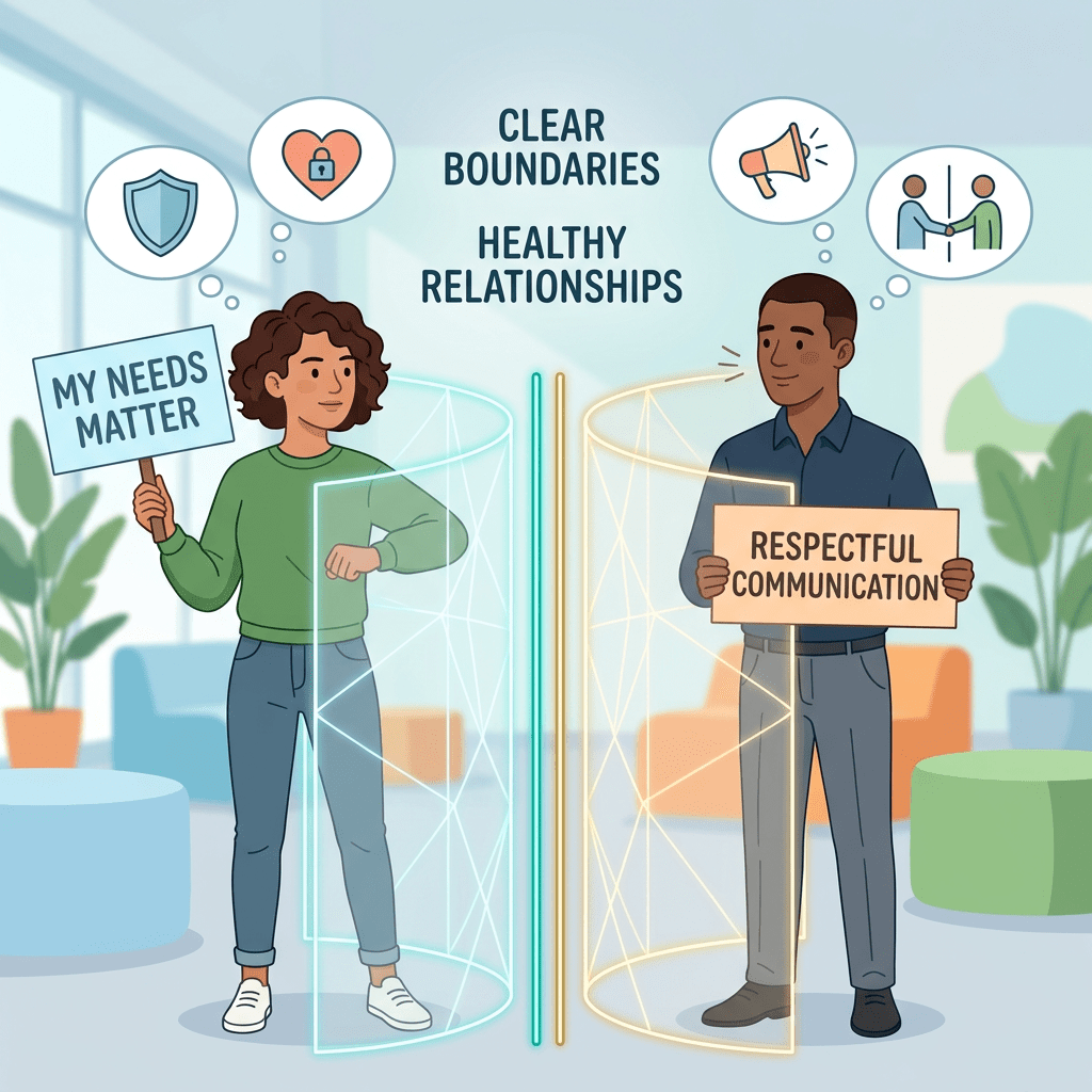 Two people standing behind translucent boundary shields holding signs saying My Needs Matter and Respectful Communication