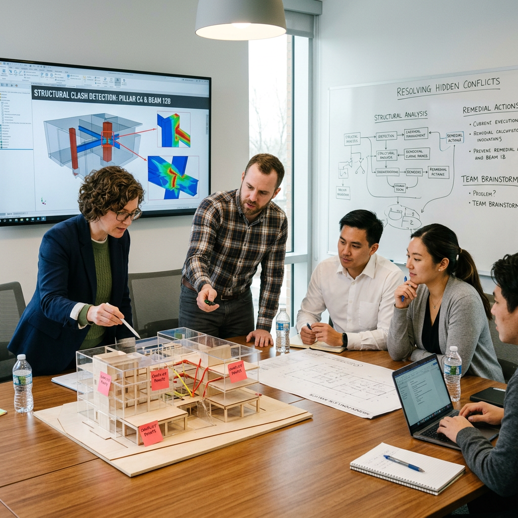 Team examining architectural model and structural analysis charts during meeting