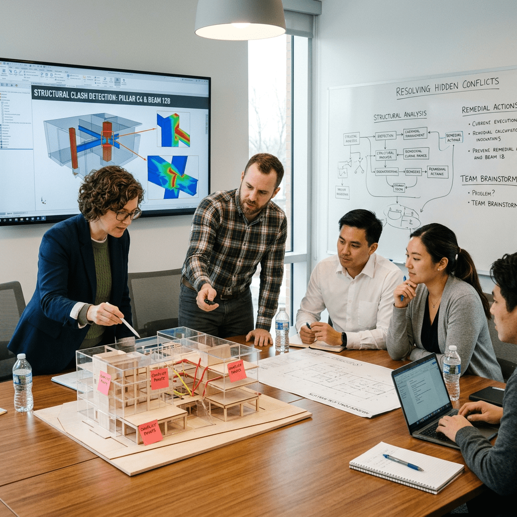 Team examining architectural model and structural analysis charts during meeting
