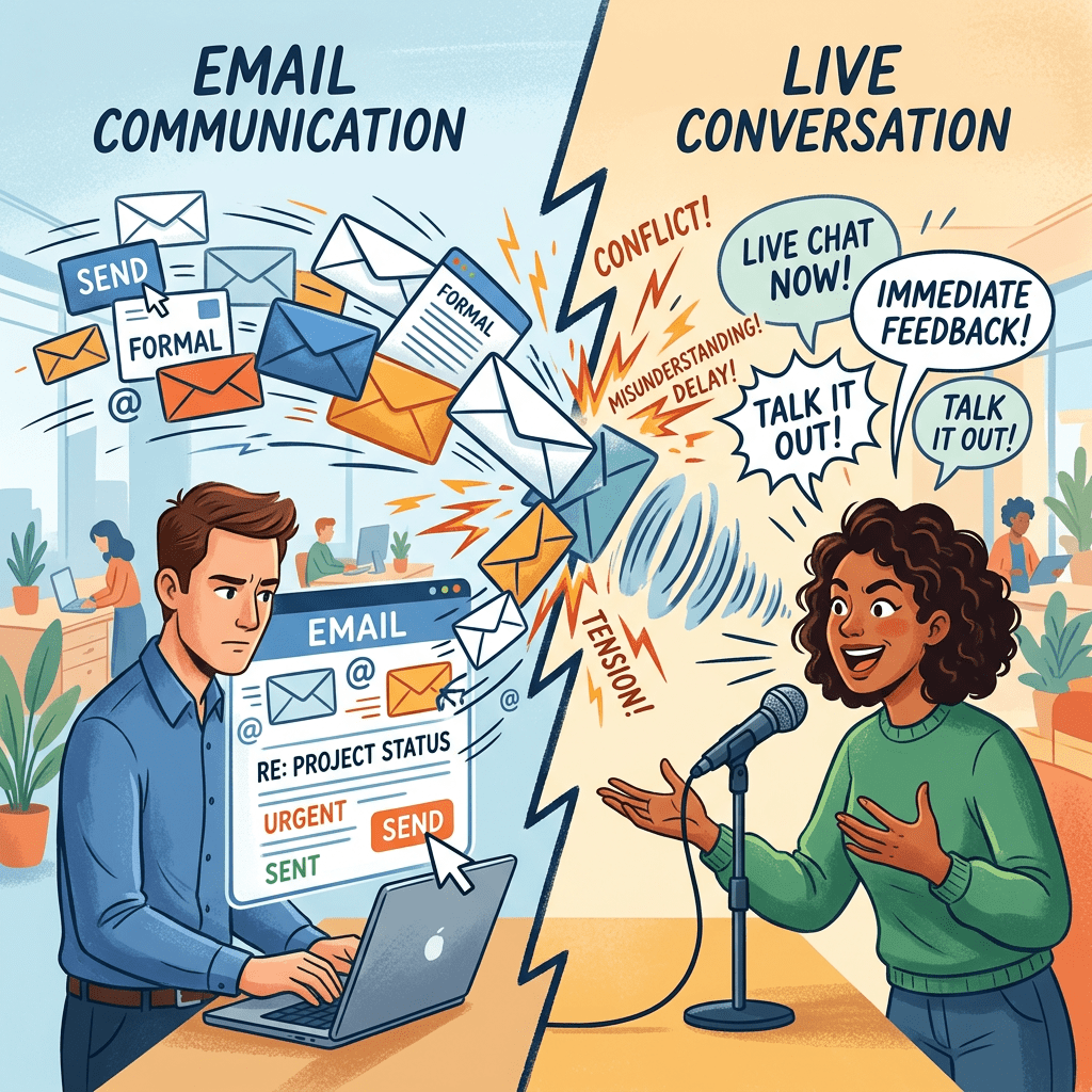 Man sending formal email labeled urgent and woman speaking into microphone with speech bubbles saying live chat now and immediate feedback