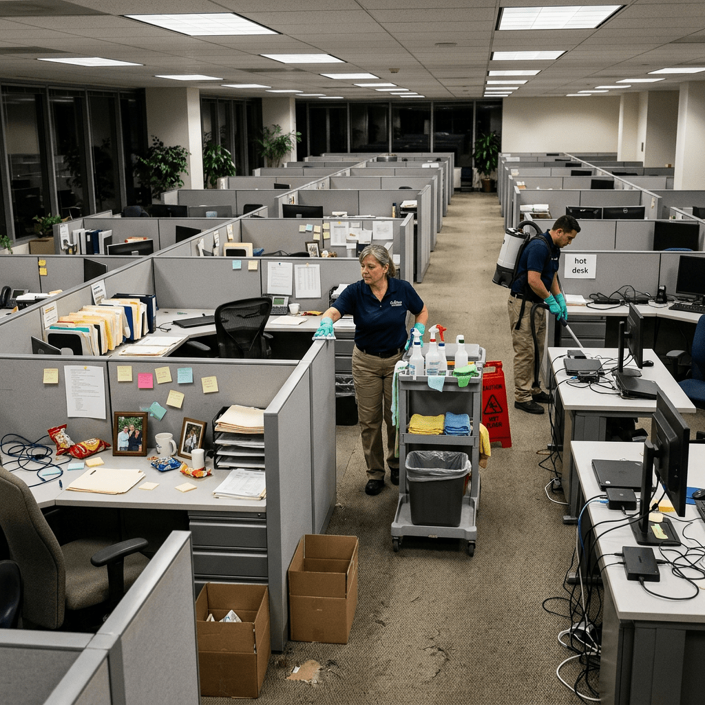Two janitors cleaning cubicle desks and office floors in a large, empty office space