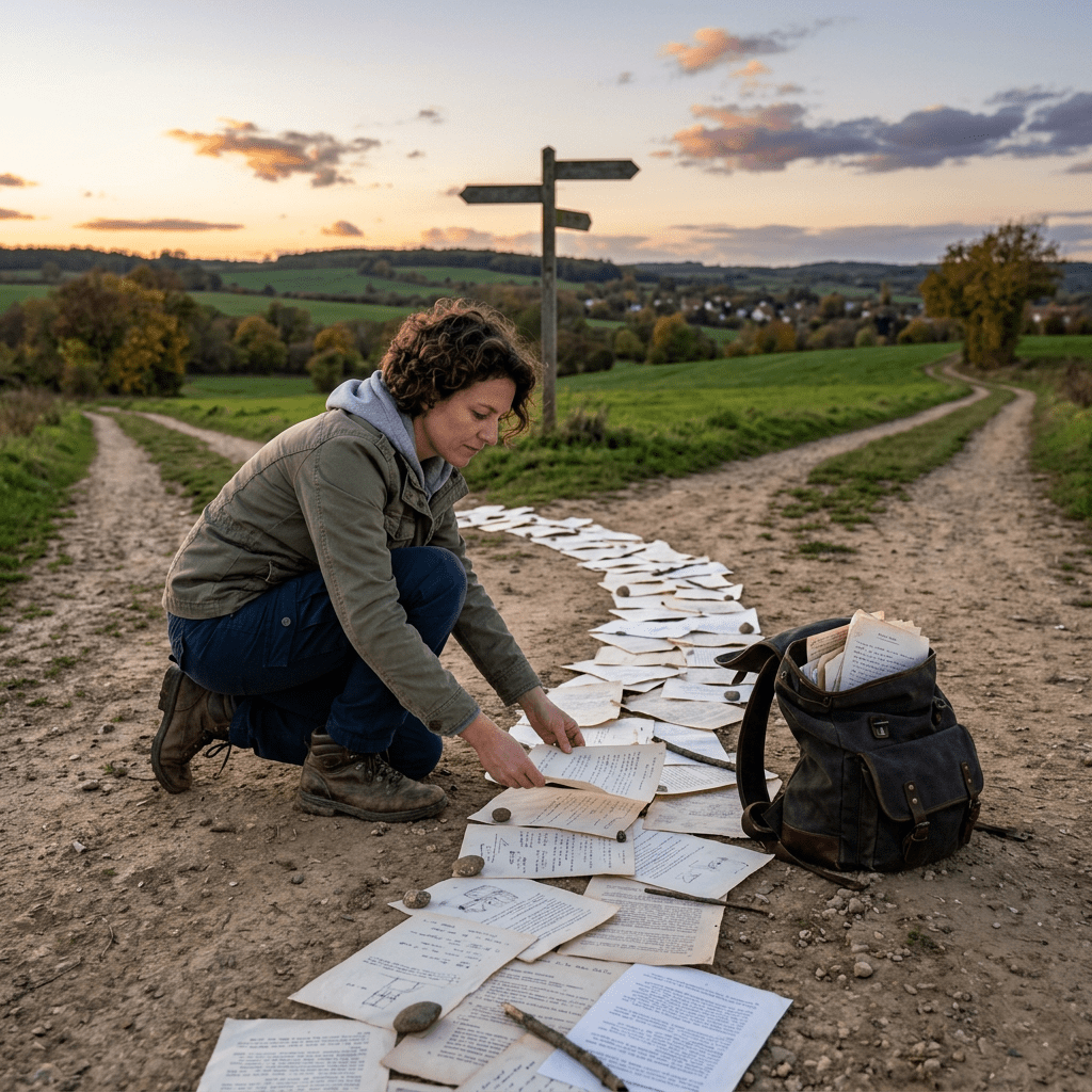 Person crouching on a dirt path with numerous scattered papers and a backpack beside them