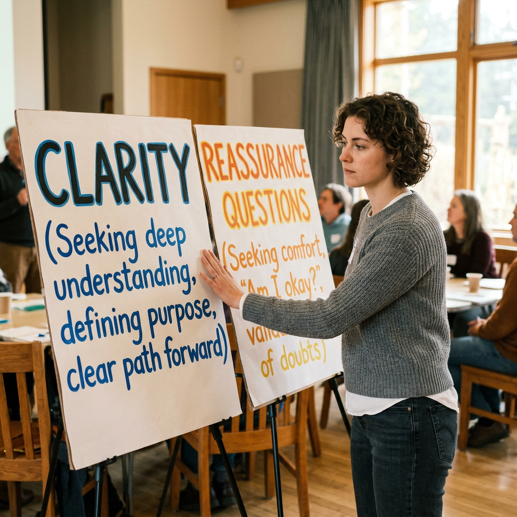 Woman pointing to posters about clarity and reassurance questions during workshop