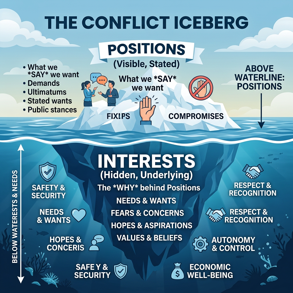 Iceberg representing conflict with visible positions above water and hidden interests below water