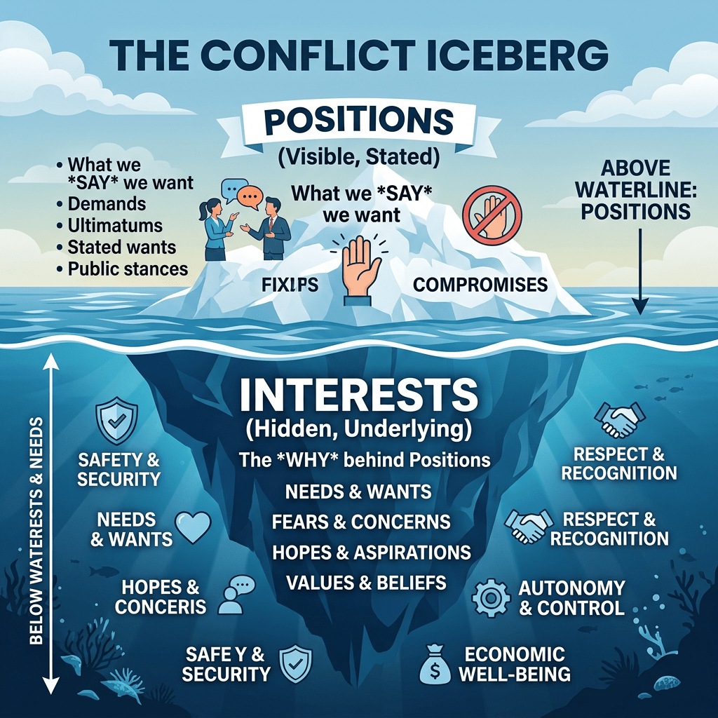 Iceberg representing conflict with visible positions above water and hidden interests below water