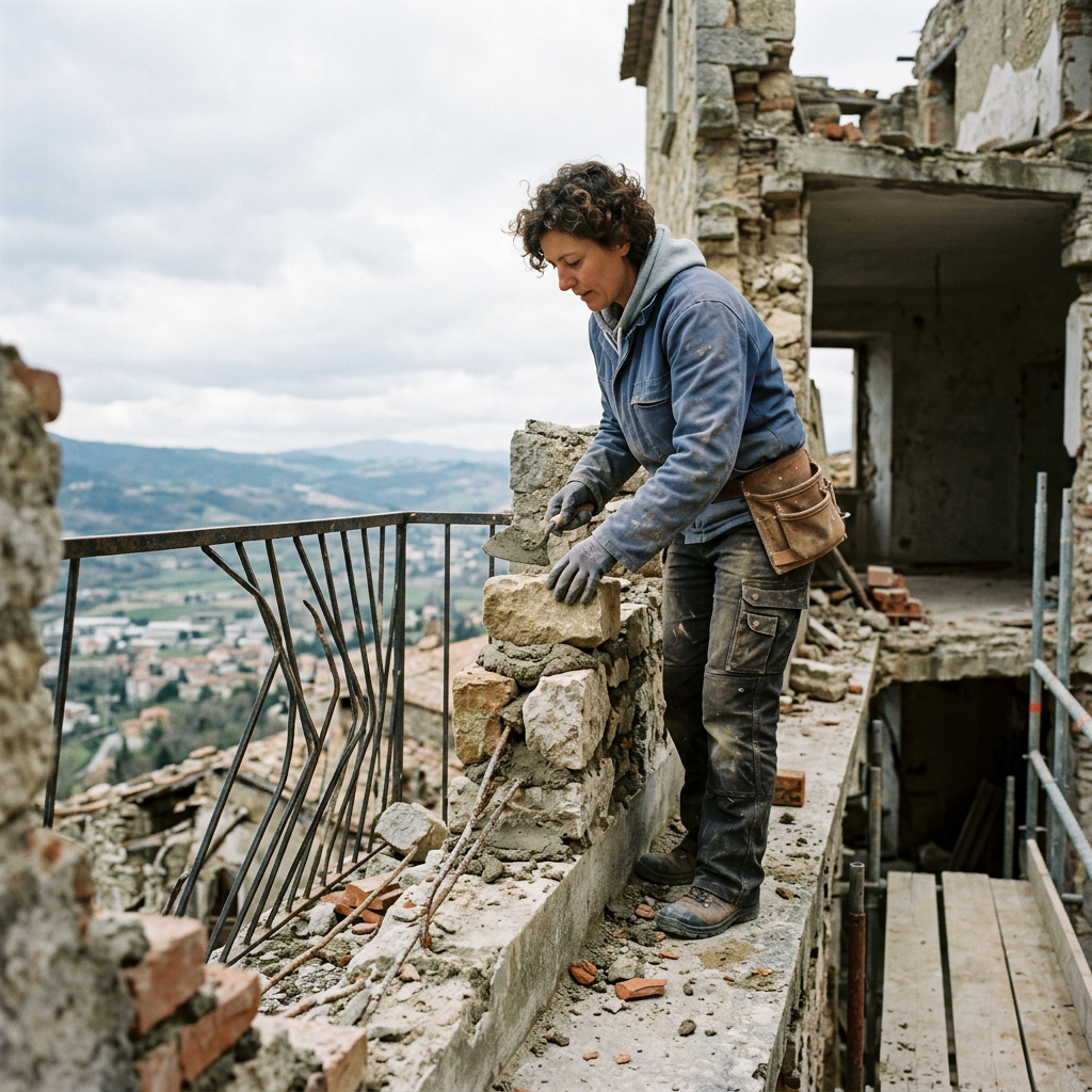 Woman laying stones and mortar on a deteriorated wall during building restoration