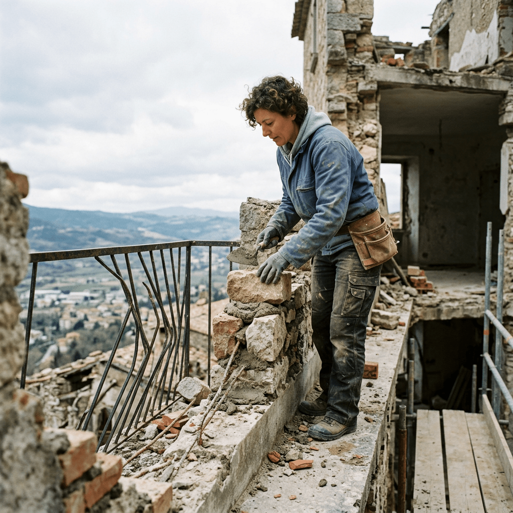 Woman laying stones and mortar on a deteriorated wall during building restoration