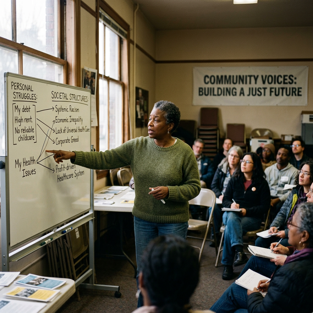 Facilitator pointing to whiteboard listing personal and societal challenges in a community meeting