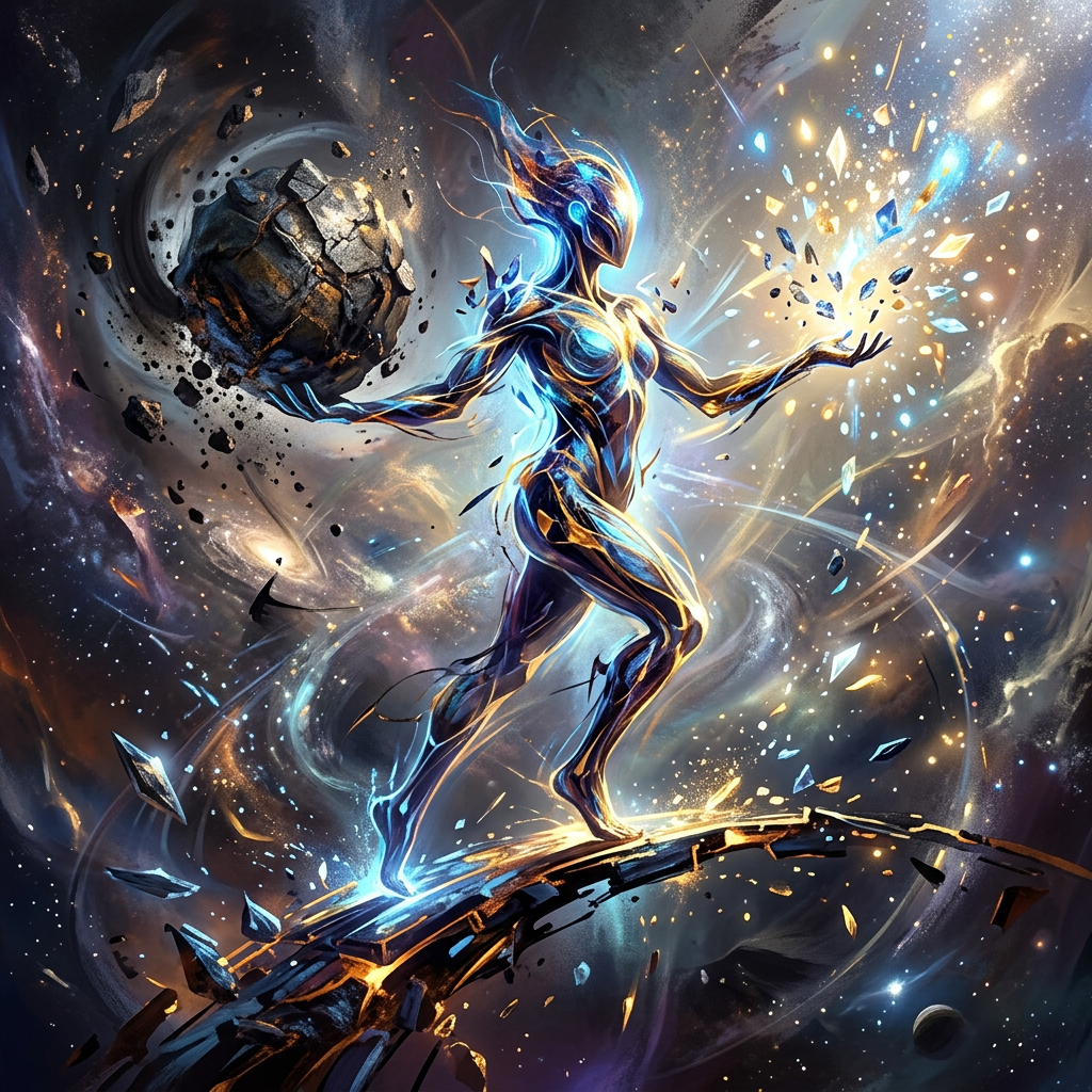 Luminous humanoid figure balancing a large rock and floating crystals amidst cosmic background