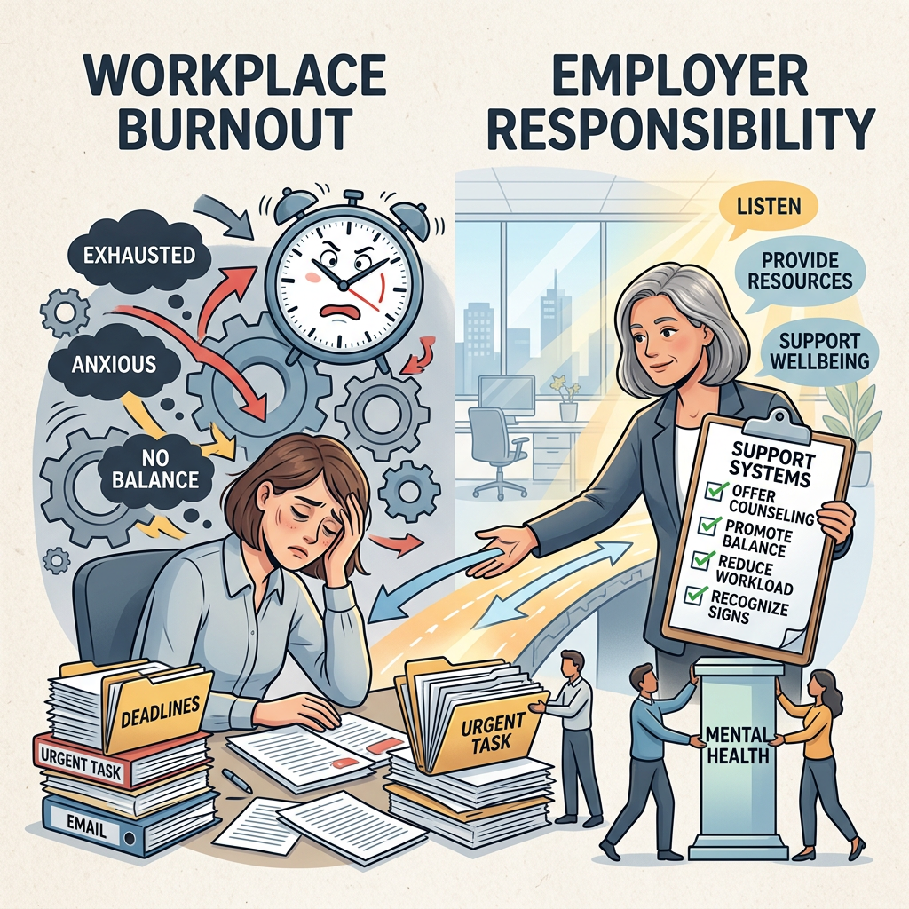 Stressed worker with deadlines and urgent tasks at desk and employer offering mental health support measures