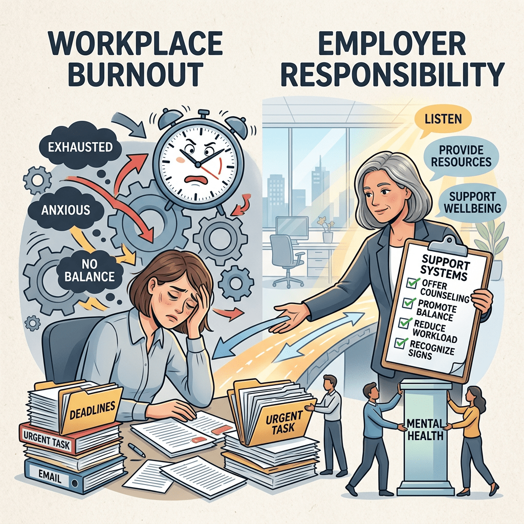 Stressed worker with deadlines and urgent tasks at desk and employer offering mental health support measures