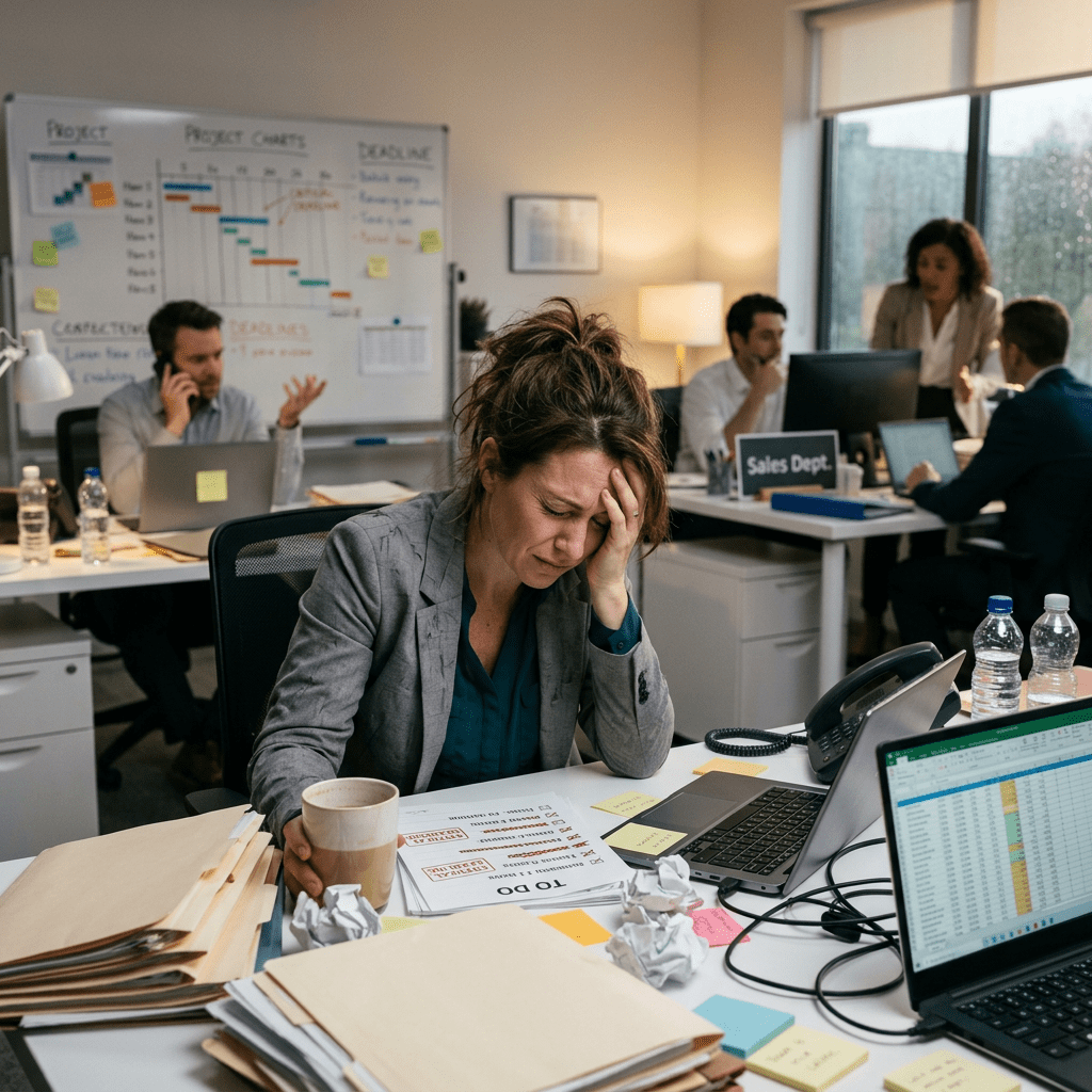 Frustrated office worker holding her head surrounded by paperwork and laptops