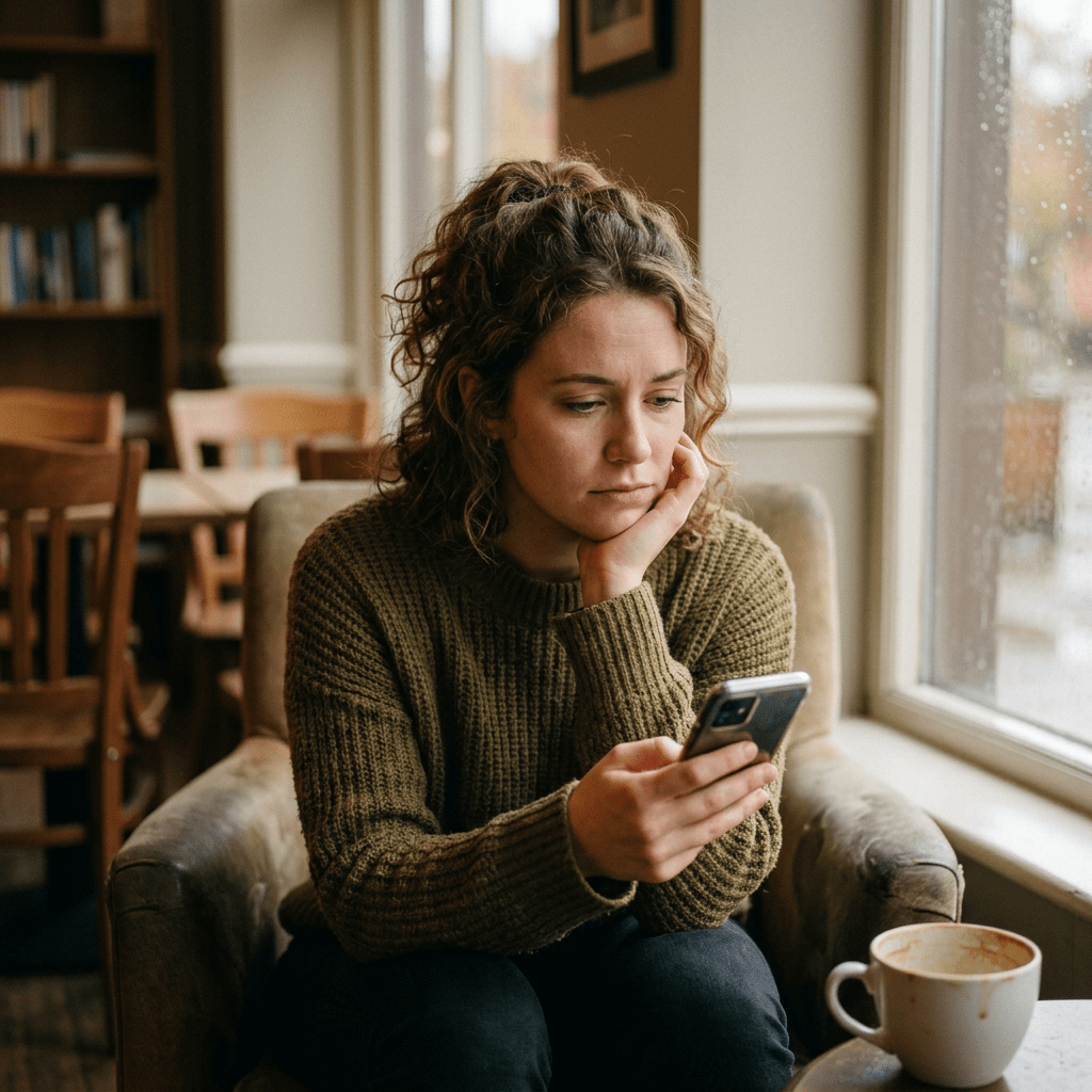 Woman with curly hair in green sweater sitting in chair looking at smartphone