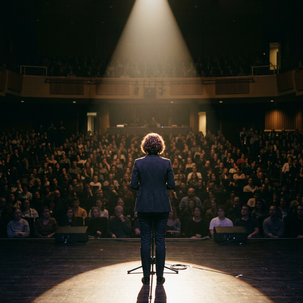Person standing on stage speaking to a large audience in a dark auditorium with spotlight