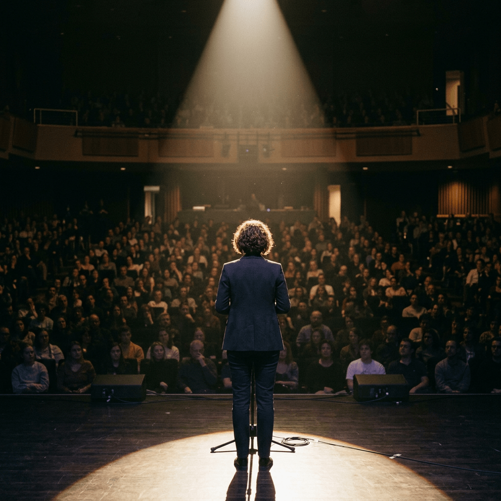 Person standing on stage speaking to a large audience in a dark auditorium with spotlight