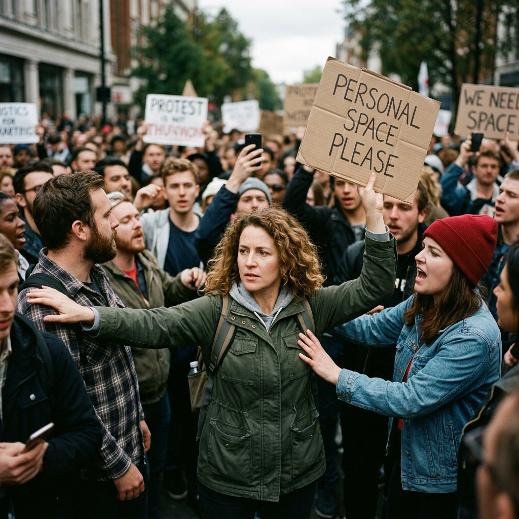 Woman holding a sign that says Personal Space Please at a crowded protest