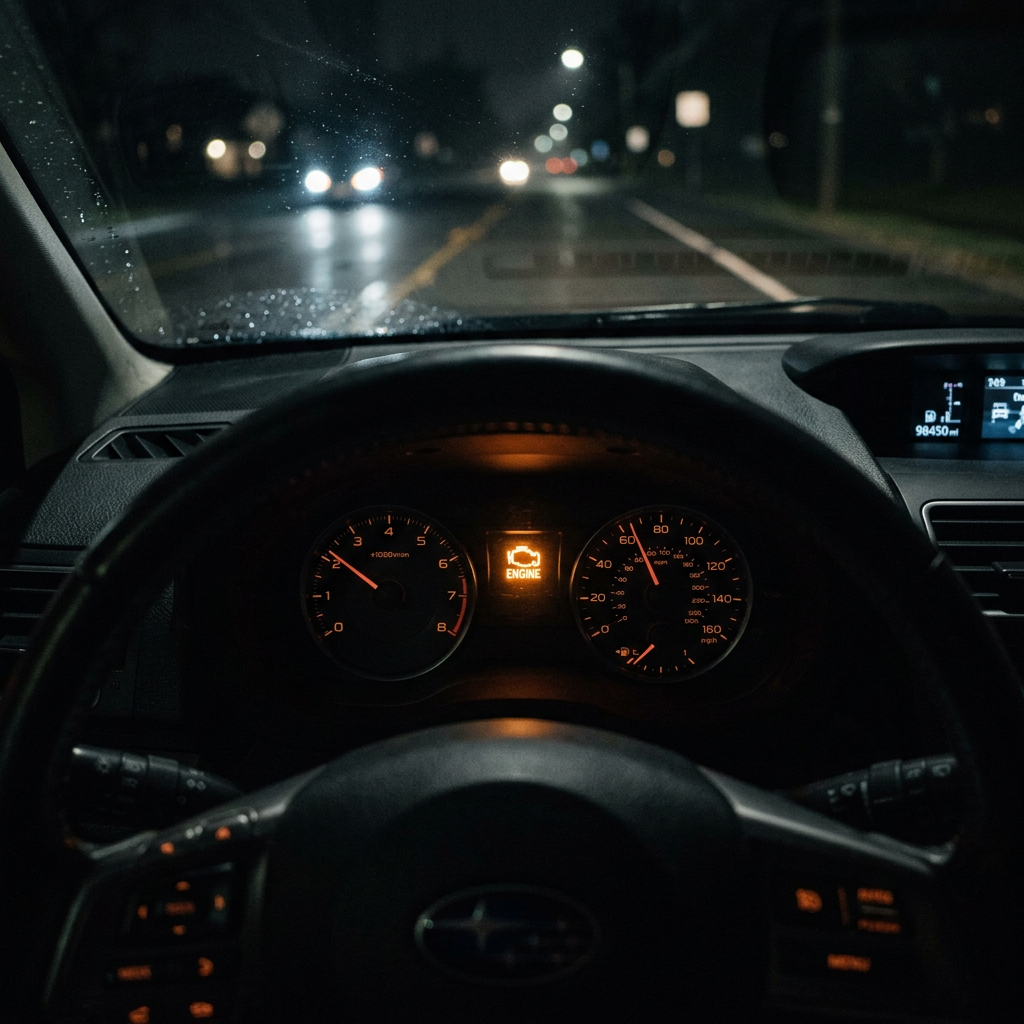 Dashboard warning light glowing in dim car interior