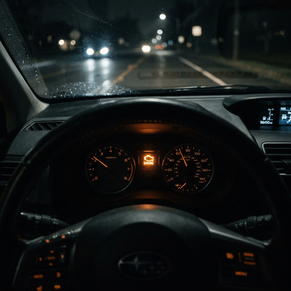 Dashboard warning light glowing in dim car interior