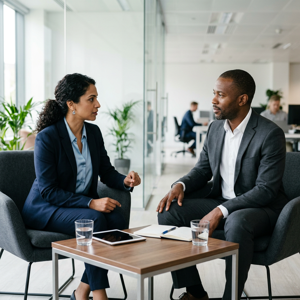 Two professionals having calm direct conversation