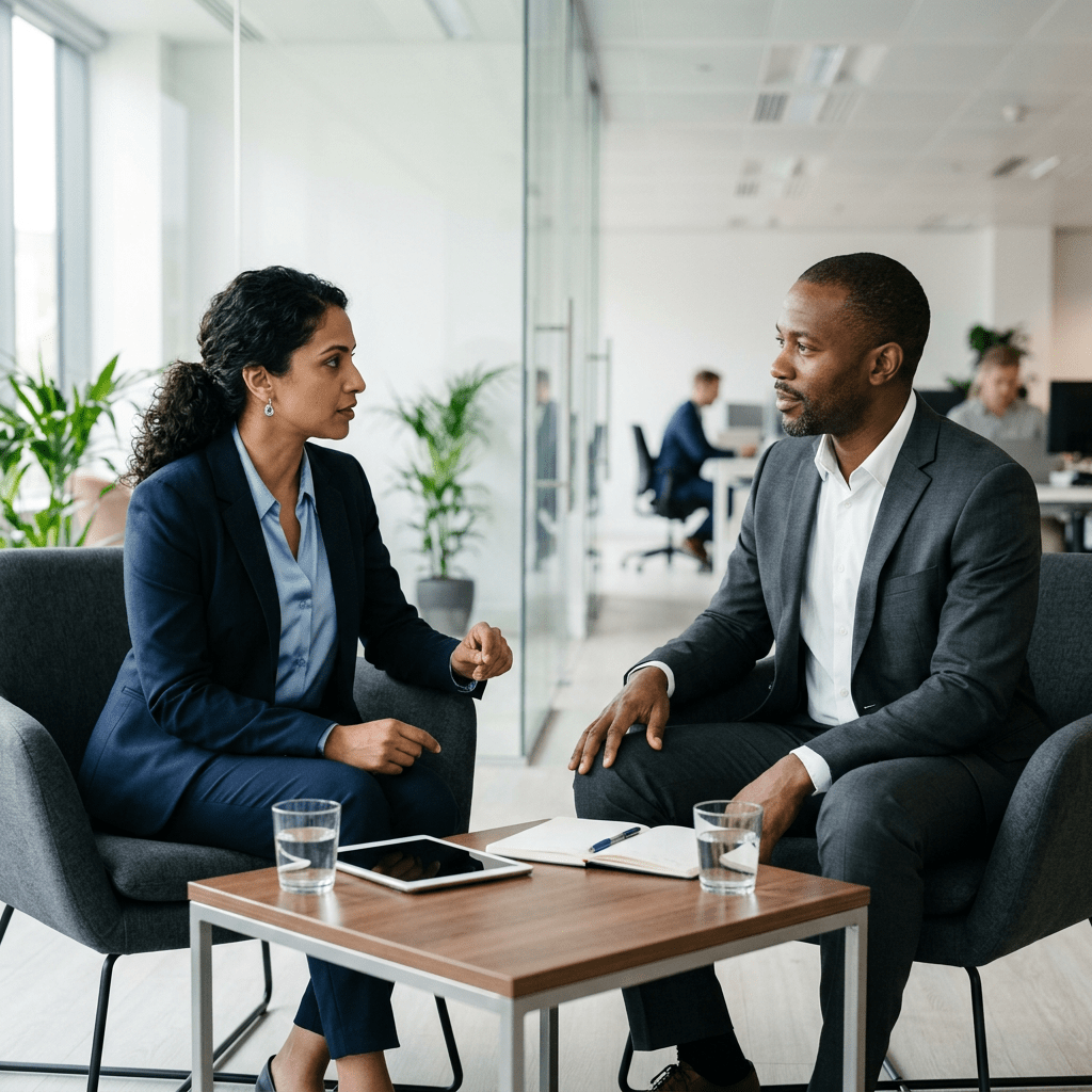 Two professionals having calm direct conversation