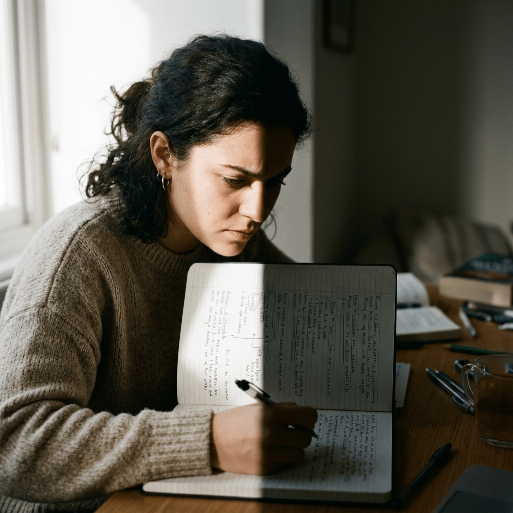 Young woman writing detailed notes in a notebook at a table.