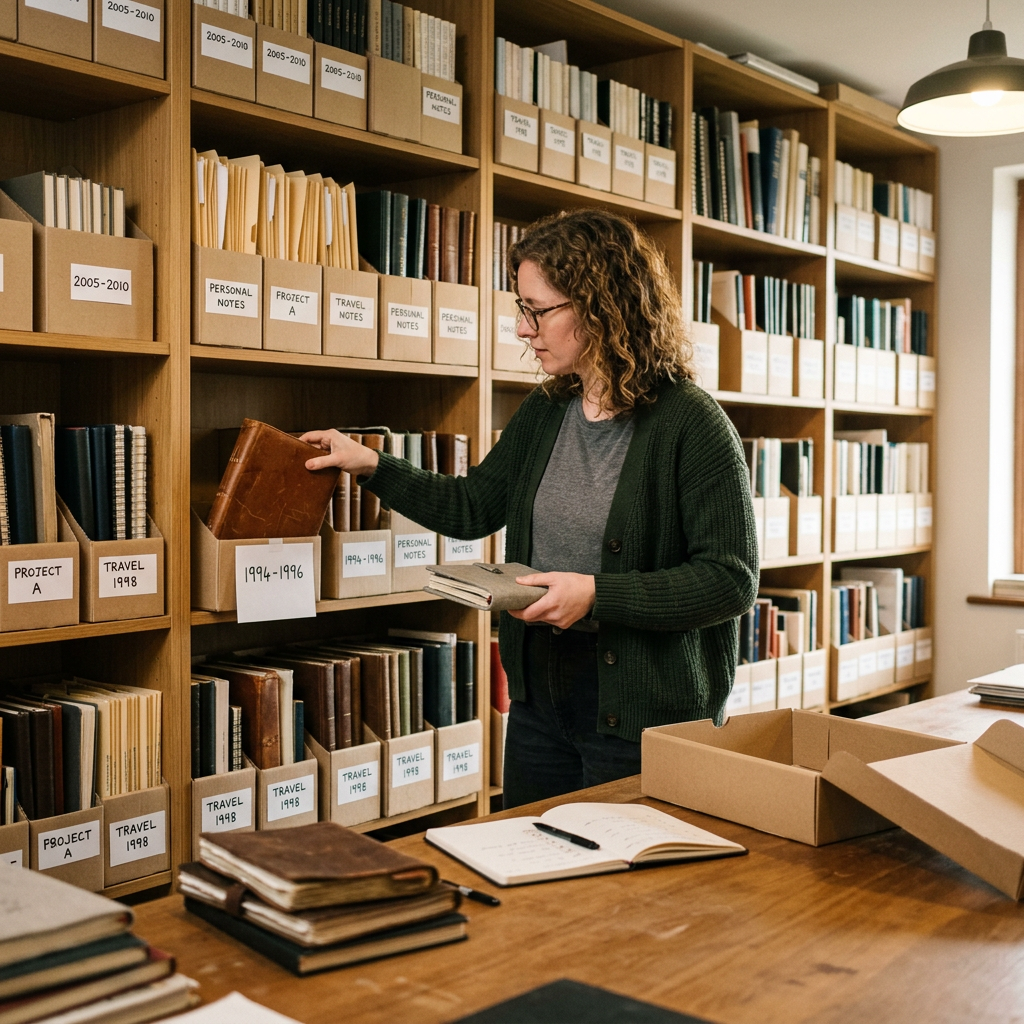 Person organizing journals into structured archive system