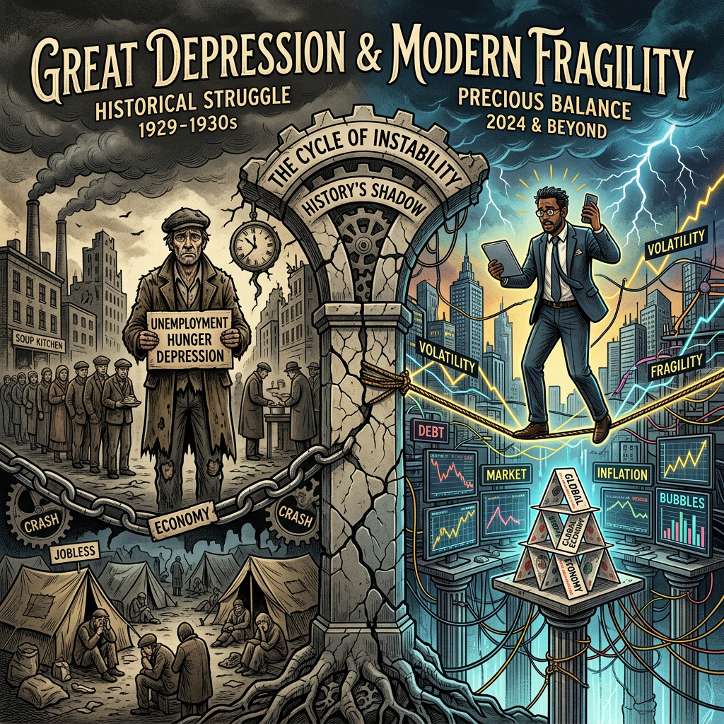 Split scene showing Great Depression unemployment and modern economic volatility balancing on a tightrope
