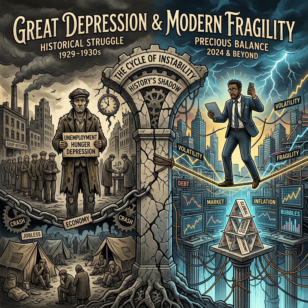 Split scene showing Great Depression unemployment and modern economic volatility balancing on a tightrope