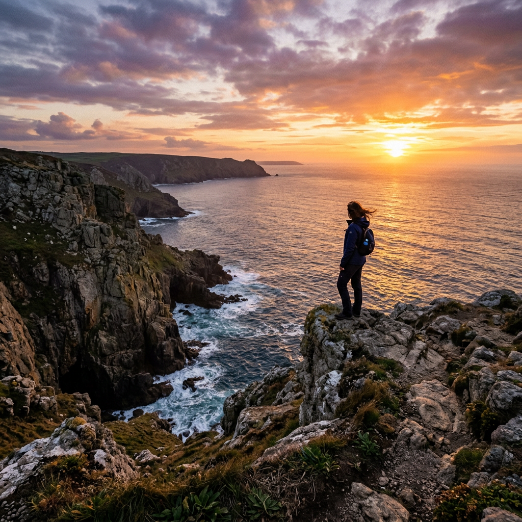 Person standing on rocky cliffs watching ocean sunset with waves below