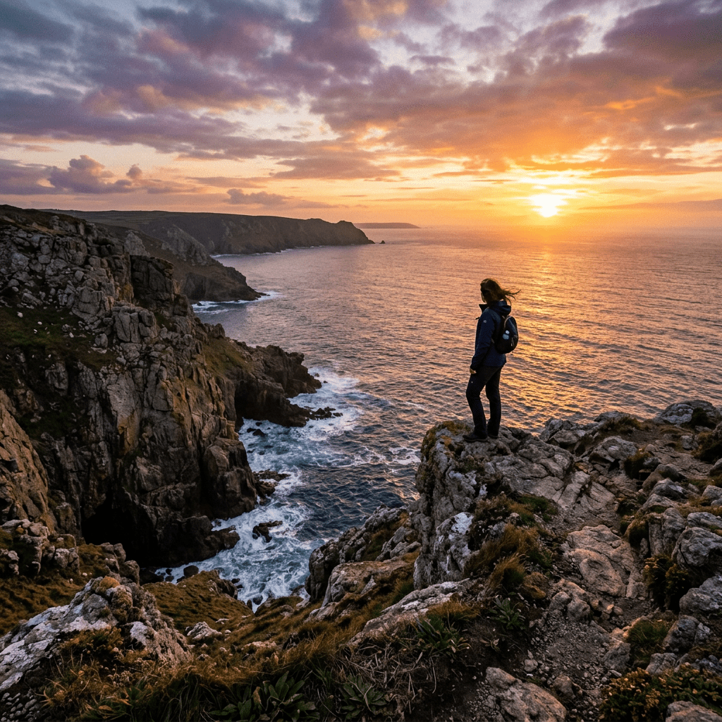 Person standing on rocky cliffs watching ocean sunset with waves below