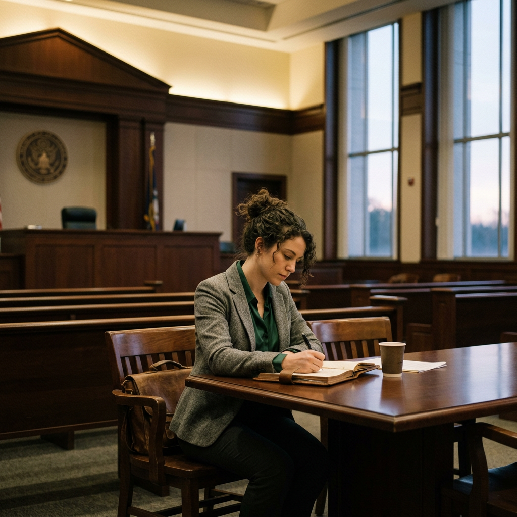 Person writing notes at courtroom table with books and coffee cup