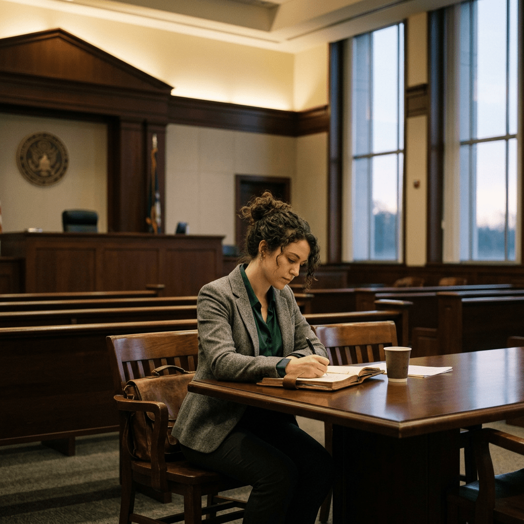 Person writing notes at courtroom table with books and coffee cup