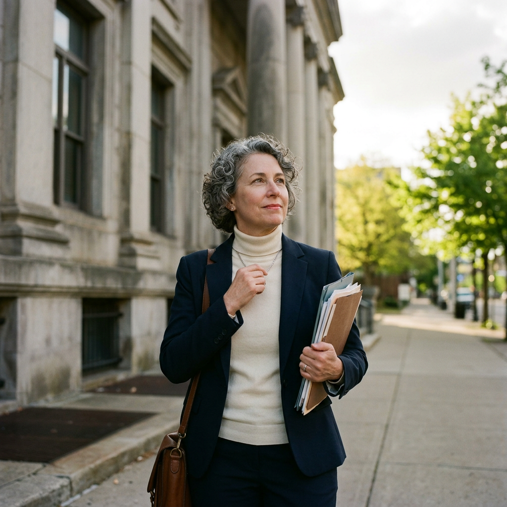 Professional woman in blazer holding documents walking outside historic government building